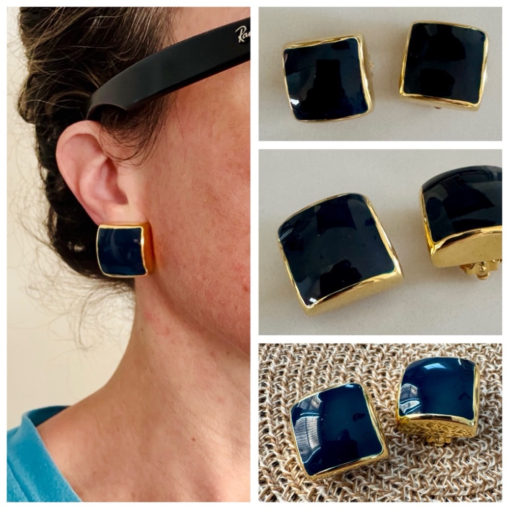 Vintage 80s C.M.Lent Gold & Navy Enamel Square Fashion Clip-On Earrings - Picture 14 of 16